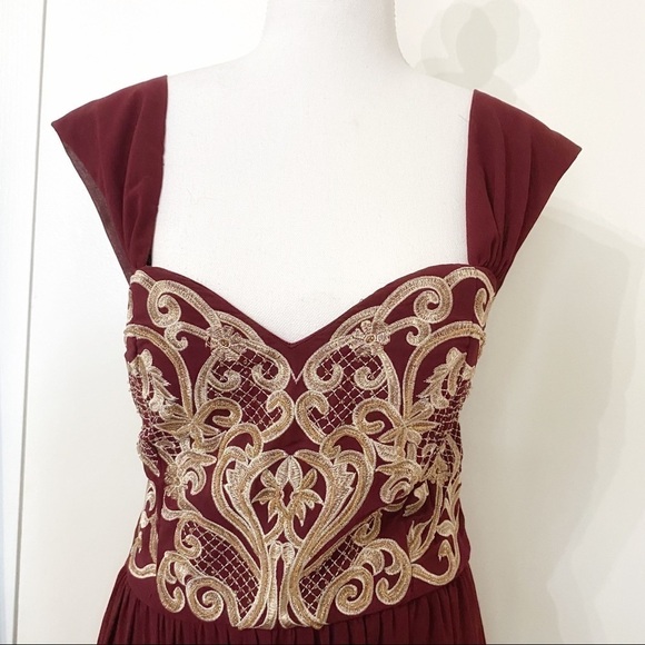 Soiéblu BURGUNDY CREAM BEADED CHIFFON CORSET FORMAL EVENING BALL GOWN DRESS - Picture 4 of 12